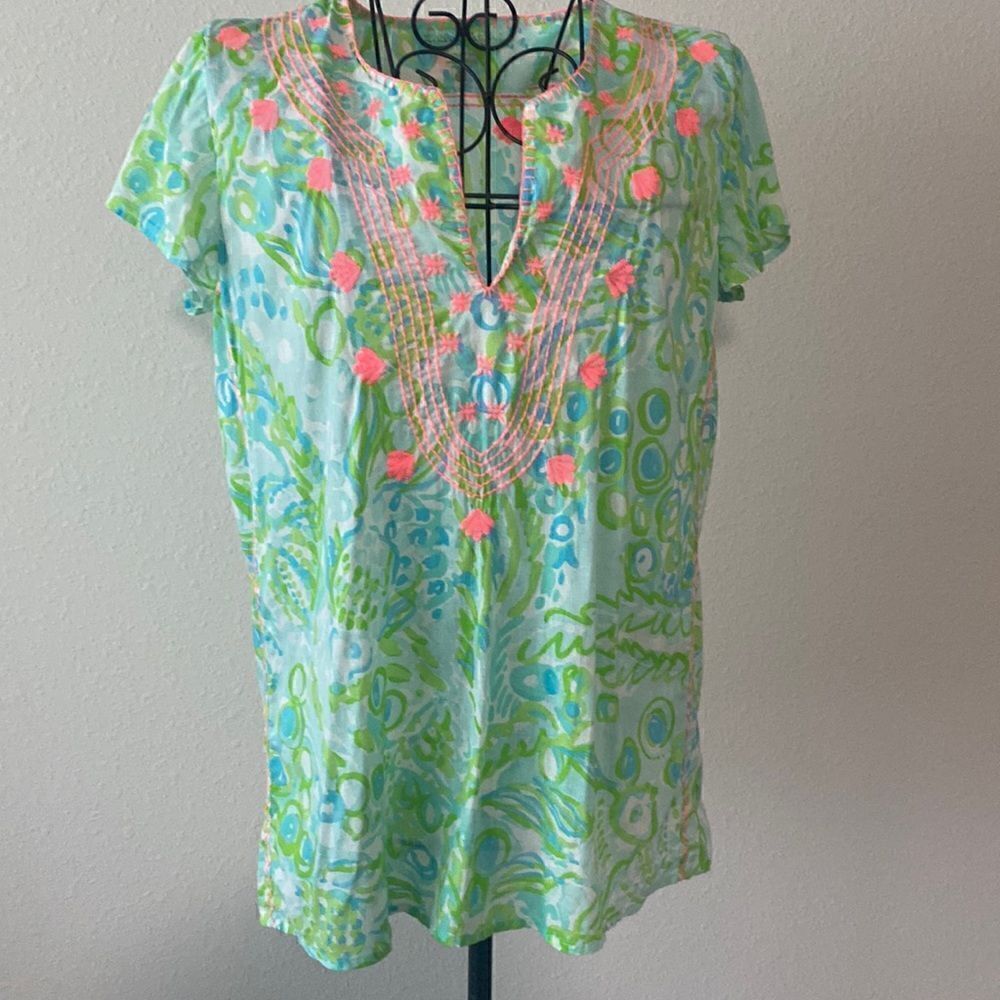 Lilly Pulitzer Cotton Embroidered Under the Sea Short Sleeve Blouse